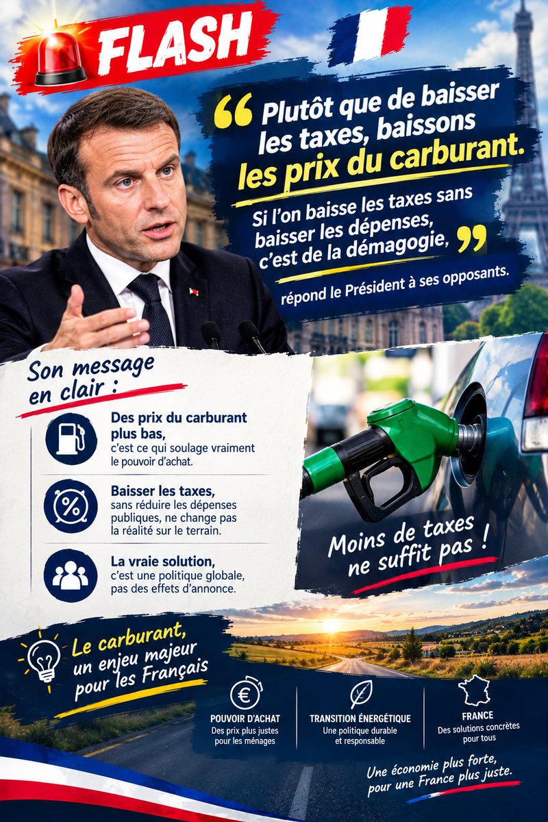 chaesang99's tweet photo. Emmanuel Macron répond à ses opposants : « Plutôt que de baisser les taxes, baissons les prix du carburant. » Il estime qu’une baisse des taxes sans réduction des dépenses relèverait de la « démagogie https://t.co/G4rqgZvrPH