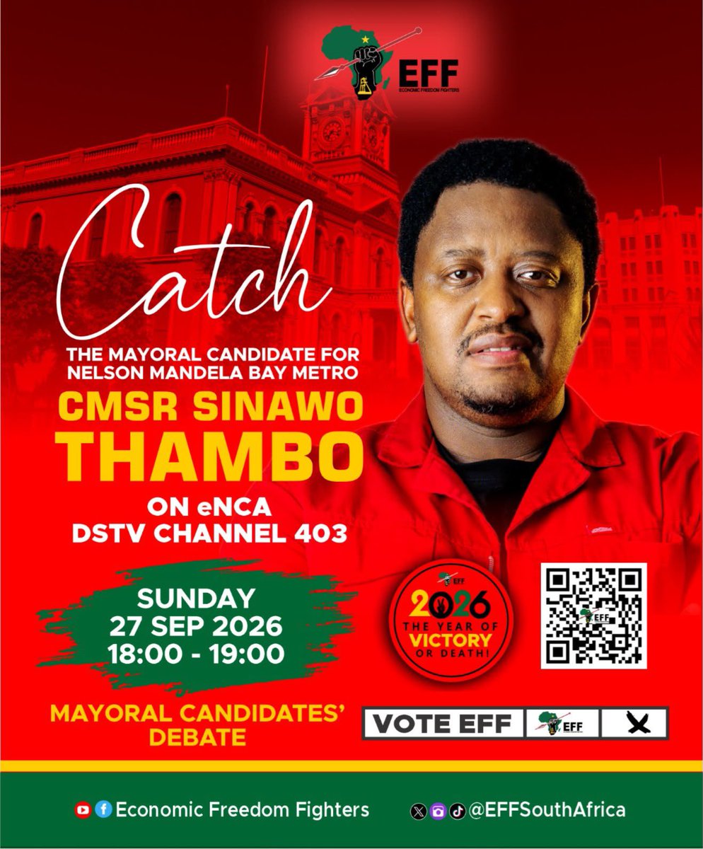 Sinawo_Thambo's tweet photo. We will be at the EFF Youth Command governed Nelson Mandela University this Sunday, 27 September in a Mayoral Debate hosted by eNCA. 

Having taken a look at the panelists from other political parties, it’s one to watch. 

Don’t miss it live on eNCa!😉

#VoteEFF2026LGE https://t.co/btBvDCOXdo