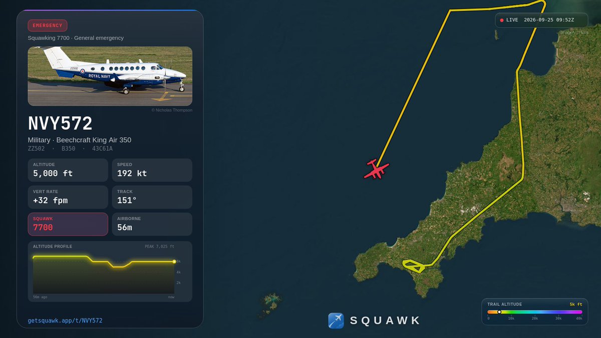 UseSquawk's tweet photo. 🚨 A Beechcraft Avenger T.1 (NVY572) is squawking 7700 — declaring an emergency at 5,000 ft over Ireland. https://t.co/Q3V17PHzrS