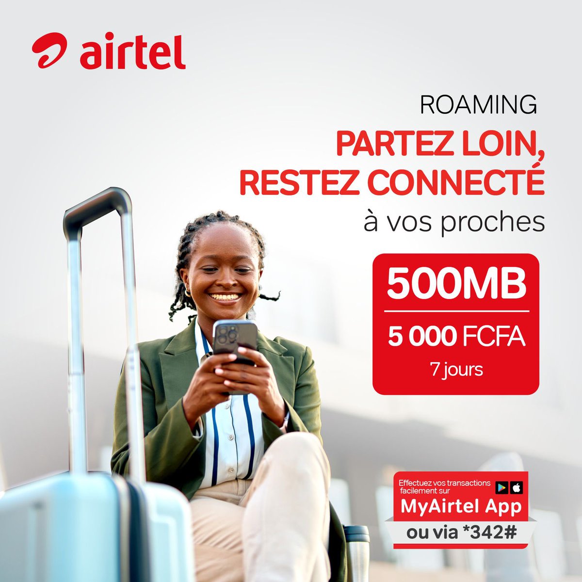 AirtelChad's tweet photo. 🌍 Voyagez l'esprit léger !
Désormais, gardez votre numéro Airtel et restez connecté à vos proches, où que vous soyez.
✨Découvrez nos forfaits #Roaming pensés pour le monde entier. Pour souscrire, tapez *342# et choisissez votre forfait pour briser les frontières. ✈️ https://t.co/dtG5VlXdyY