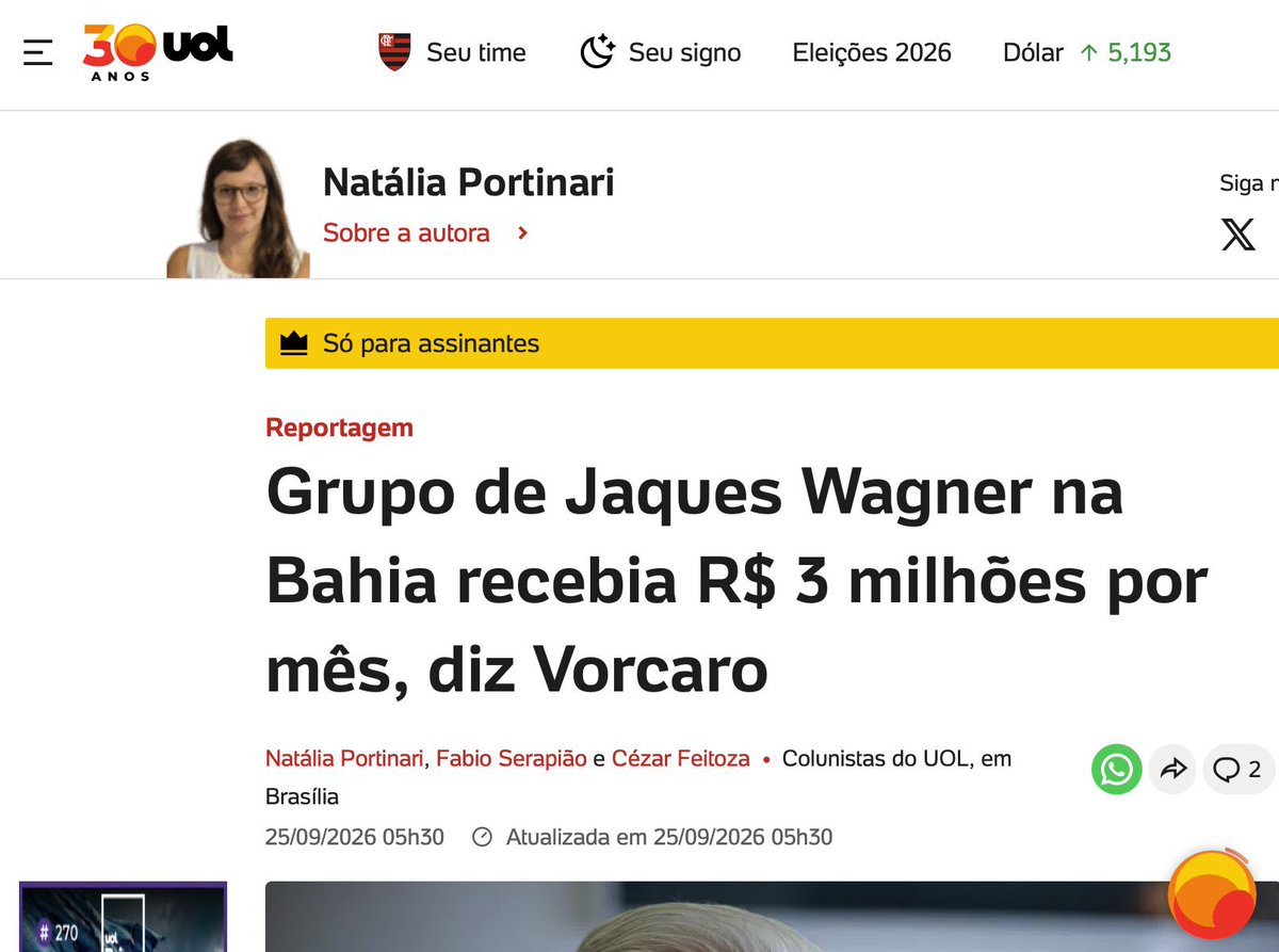 victordojornal's tweet photo. DO UOL: Vorcaro, dono do banco Master acusou o grupo do senador Jaques Wagner (PT) de receber R$ 3 milhões por mês em propina via Credcesta e PKL One. Na versão de Vorcaro, seriam R$ 2 milhões mensais por contrato Master-PKL e R$ 1 milhão em espécie, além de lucros, dividendos e contratos fictícios; ele diz ter sabido por Augusto Lima. PF e PGR rejeitaram a proposta de delação por falta de corroboração; Wagner e Lima negaram, e a defesa de Vorcaro disse não reconhecer autenticidade e integridade do material divulgado.