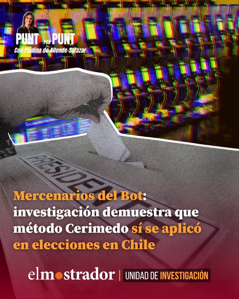 RobertoMerken's tweet photo. 🔴 INVESTIGACIÓN DETECTA AMPLIFICACIÓN ARTIFICIAL DURANTE LA CAMPAÑA PRESIDENCIAL DE 2025

@elmostrador analizó junto a especialistas 92.296 interacciones vinculadas a tres cuentas de X y encontró patrones de amplificación artificial y sistemática.

De 18.517 cuentas analizadas, cerca del 7% presentaría características compatibles con bots o perfiles inauténticos. Los especialistas estiman al menos 1.300 cuentas automatizadas amplificando coordinadamente determinados mensajes.

La investigación sostiene que en Chile operó durante la campaña lo que denomina “método Cerimedo”: convertir artificialmente determinados contenidos en tendencia e introducirlos en la agenda pública.

La pregunta que queda abierta es clave: ¿quién coordinó y financió esa estructura?