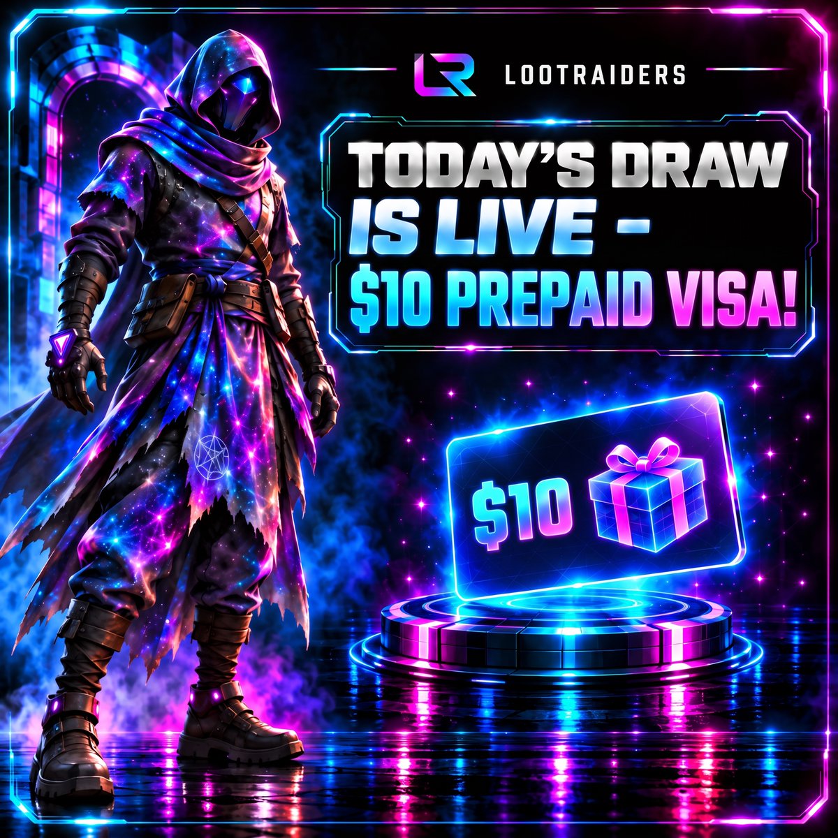 LootraidersEOAS's tweet photo. 🔥 TODAY'S DRAW IS LIVE — $10 Prepaid Visa!
⏰ Enter before 13:00 UTC.

Still this week → $5 Gift Card Sat | $100 Gift Card Sun

🥉 A Bronze ticket gets you in.