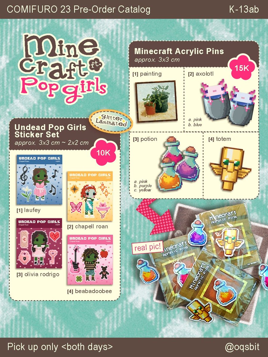 0qsbit's tweet photo. [ 🤍 &amp; 🔃 are appreciated! ]

Hii! my #CF23 PO catalog is finally here! 

🗓️ PO Period 25th Sept ~ 10th Oct
📦 PICK UP ONLY [both days]
📍 Warung Naon K-13ab

🌟 fandoms: minecraft, laufey, chappell roan, olivia rodrigo, beabadoobee, xdinary heroes, lngshot

#cf23catalog https://t.co/cUwZrnYI1h