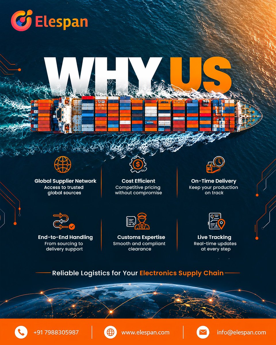 elespan_1's tweet photo. 🚢 Why Elespan?
Global sourcing, cost-efficient solutions, on-time delivery, customs expertise &amp; live tracking — all in one reliable logistics partner.

🌐 https://t.co/YmHOnvuHRN | 📞 +91 7988305987

#Elespan #GlobalLogistics #ElectronicsSupplyChain #Logistics https://t.co/Il3ymBV2oi
