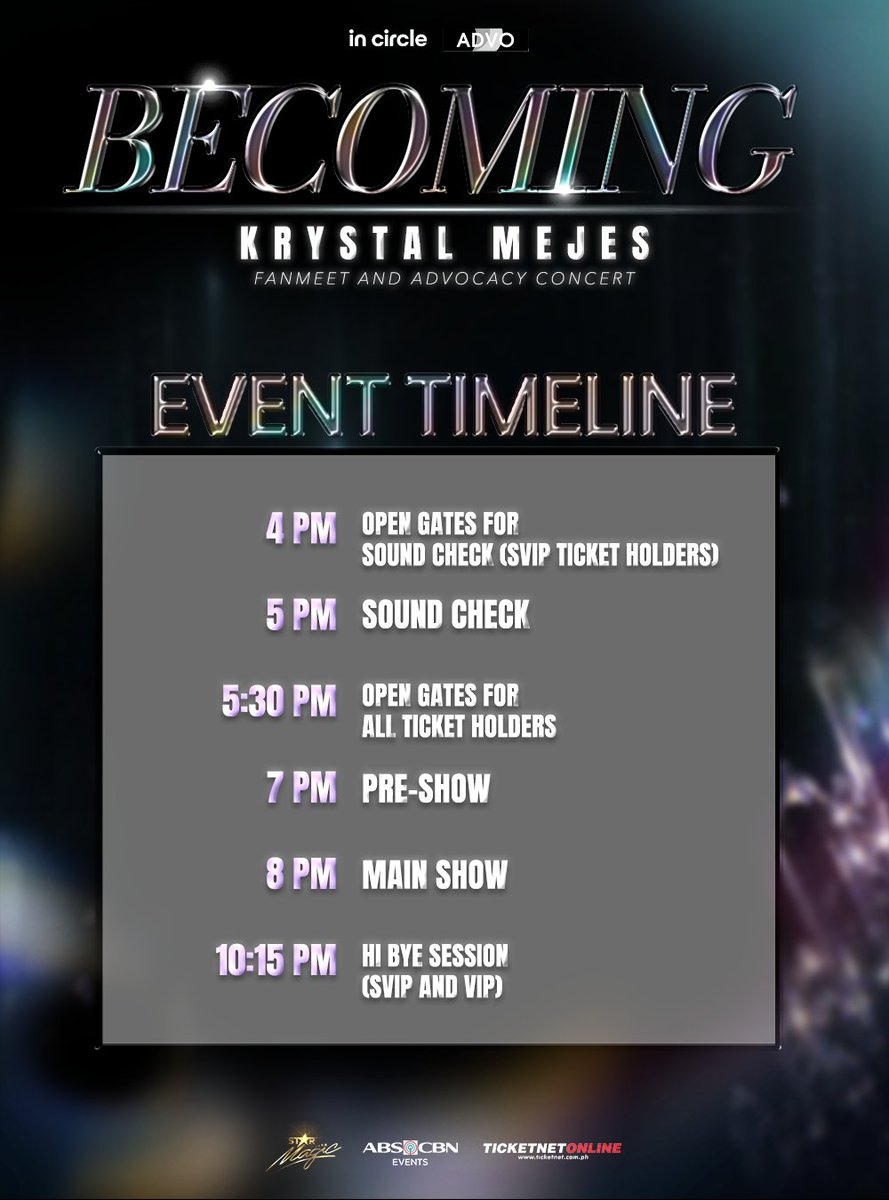 StarMusicPH's tweet photo. ✨ BECOMING: Krystal Mejes Fanmeet and Advocacy Concert ✨

Before we see Tala shine on stage, make sure you’re all set! 💫Read through the details and plan your day accordingly. See you there! 💖

#BecomingKrystalMejes #KrystalMejes #AdvocacyConcert #InCircle #ABSCBNEvents https://t.co/A1dy6hPfB2