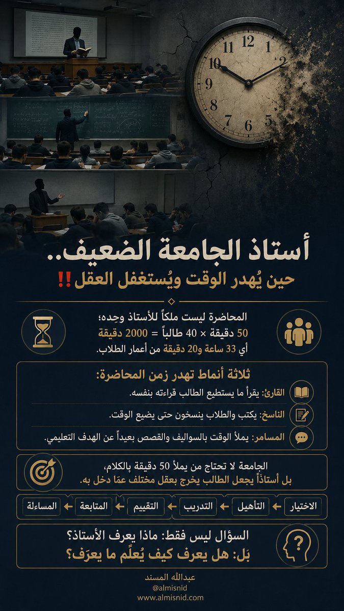 ALMISNID's tweet photo. أستاذ الجامعة الضعيف .. حين يُهدر الوقت ويُستغفل العقل‼️

ليست كل خسارة في الجامعة تُقاس بالدرجات، فهناك خسارة أخطر‼️ أن تُهدر أعمار الطلاب وهم جالسون في مقاعد يفترض أنها صُنعت للتعلم.

المحاضرة الجامعية التي تستغرق 50 دقيقة ليست ملكاً للأستاذ وحده، بل هي 50 دقيقة من عمر كل طالب أمامه .. فإذا كان في القاعة 40 طالباً، فإن إهدار محاضرة واحدة يعني إهدار 2000 دقيقة، أي أكثر من 33 ساعة من أعمار الطلاب مجتمعة‼️

فكيف إذا تكرر المشهد أسبوعاً بعد أسبوع، وفصلاً بعد فصل؟

الأستاذ الجامعي الضعيف يحمل أعلى الدرجات العلمية، لكنه يعجز عن تحويل معرفته إلى تعليم، ومعلوماته إلى فهم، ومحاضرته إلى تجربة تُحرك العقل.

وقد مرّ علي خلال دراستي الجامعية ثلاثة أنماط من هؤلاء:

الأول: الأستاذ القارئ..
يحضر إلى القاعة، ويفتح الكتاب، ثم يقرأ على الطلاب بصوت مرتفع ما يستطيعون قراءته بأنفسهم في البيت‼️
لا تحليل، ولا إضافة، ولا تفسير، ولا مثال، ولا سؤال يوقظ العقل.
وكأن وظيفة الأستاذ أن يكون جهازاً بشرياً للقراءة‼️

الثاني: الأستاذ الناسخ..
يقف أمام السبورة ويكتب كل شيء تقريباً، والطلاب خلفه ينسخون ما يكتب، حتى تمضي الخمسون دقيقة في عملية ميكانيكية عجيبة: 
هو يكتب.. وهم ينقلون‼️

فتتحول السبورة من وسيلة للإيضاح إلى وسيلة لاستهلاك الزمن، ويصبح الطالب آلة نسخ بدلاً من أن يكون عقلاً يفكر ويسأل ويناقش ويحلل.

وتغيب عن القاعة الخرائط الذهنية، والمقارنات، والأمثلة التطبيقية، والأسئلة المحفزة، والتفكير النقدي، وربط النظرية بالواقع.

أما الثالث: الأستاذ المسامر..
وهذا يجد في الأحاديث الجانبية والسواليف والسباحين والتعليقات البعيدة عن المقرر ملاذاً آمناً يملأ به زمن المحاضرة، وربما غطى بها ضعف التحضير أو قصور المادة التي جاء بها.

فتنقضي المحاضرة في أخذ ورد وضحك وقصص لا علاقة لها بالهدف التعليمي، ثم يخرج الطلاب وقد امتلأ الوقت .. ولم تمتلئ العقول.

وهنا تبدأ معاناة الطالب الجاد.
فالطالب الذي يعرف قيمة وقته يشعر بالاختناق حين يرى أثمن ساعات يومه تُستنزف أمامه دون فائدة، ولا سيما ساعات الصباح الذهبية.

فماذا يفعل؟

هل يواجه الأستاذ؟
قد تكون المواجهة المباشرة حساسة، وقد تُفهم خطأ.
هل يصمت ويستسلم؟
وهذا أيضاً خسارة.

أم يحاول إنقاذ وقته بالتعلم الذاتي، والقراءة، والبحث، ومراجعة مقرر آخر، وتدوين أفكاره، والاستفادة من المكتبة والمصادر العلمية؟

وهنا أتذكر تجربتي الشخصية بين عامي 1407 و1410هـ، عندما كنت طالباً في قسم #الجغرافيا بجامعة الإمام، فرع القصيم.

كنت إذا وجدت أن المحاضرة تتحول بصورة متكررة إلى وقت ضائع، ألجأ إلى أحد خيارين:

أختار الطاولة الأخيرة في القاعة، وأستثمر الوقت بهدوء في قراءة كتاب نافع، أو تدوين خاطرة، أو رسم فكرة.

وأحياناً أستفيد من نسبة الغياب النظامية المسموح بها آنذاك، وأتجه إلى المكتبة.

ولست أذكر ذلك دعوة للغياب عن المحاضرات، بل وصفاً لتجربة طالب كان يشعر أن الدقيقة من عمره أغلى من أن تموت في مقعد بلا معرفة.

ولكن السؤال الأعمق ليس كيف يتعامل الطالب مع الأستاذ الضعيف؟

بل:

كيف وصل الأستاذ الضعيف أصلاً إلى قاعة الجامعة؟

وهنا ينبغي أن تتجه الأسئلة إلى المنظومة نفسها:

هل التفوق الدراسي وحده كاف لاختيار المعيد؟

هل تُختبر قدرة المرشح على الشرح والإلقاء والحوار وإدارة القاعة قبل أن يبدأ مسيرته الأكاديمية؟

هل يتلقى عضو هيئة التدريس تدريباً حقيقياً على فن التعليم الجامعي؟

هل تُقاس جودة تدريسه وأثره في الطلاب كما تُقاس أبحاثه وترقياته؟

وهل توجد آلية جادة تكتشف الأستاذ الذي يهدر عشرات الساعات من أعمار الطلاب كل فصل، ثم تعالجه تدريباً وتقويماً ومساءلة؟

المشكلة إذن ليست في اختيار المعيد وحده، بل في سلسلة كاملة تبدأ بـ #الاختيار، ثم #التأهيل، ثم #التدريب، ثم #التقييم، ثم #المتابعة و #المحاسبة.

فالجامعة لا تحتاج أستاذاً يحفظ المقرر؛ فالكتاب يحفظه أكثر منه.

ولا تحتاج من يملأ الخمسين دقيقة بأي كلام حتى يرن جرس النهاية.

الجامعة تحتاج أستاذاً يجعل الطالب بعد 50 دقيقة يخرج بعقل مختلف عما دخل به.

فالطالب لم يأتِ إلى الجامعة ليملأ مقعداً..

بل ليُملأ عقله.

وهنا أعود للسؤال الذي يستحق أن يُطرح بصوت مرتفع:

هل معايير اختيار المعيدين وتأهيل أعضاء هيئة التدريس وتقييمهم في جامعاتنا بحاجة إلى مراجعة أعمق، بحيث لا يكون السؤال فقط: ماذا يعرف الأستاذ؟

بل أيضاً:

هل يعرف كيف يُعلِّم ما يعرف؟

وللإنصاف، فإن هذه الأوصاف لا تنسحب على جمهور أساتذة الجامعات؛ ففيهم كثير من المتميزين والمخلصين الذين أحسنوا التعليم وأثروا في طلابهم، فكثرهم الله وأثابهم.

وإنما حديثي هنا عن قلة موجودة، رأيت أن تسليط الضوء على ممارساتها مهم؛ صوناً لوقت الطالب، وارتقاء بجودة التعليم الجامعي .. هذا والله أعلم.