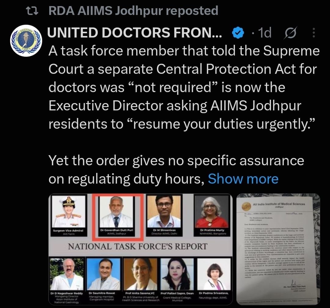 RDA_AIIMSJ's tweet photo. ￼Dr. GD Puri told the Supreme Court a Protection Act for doctors was 'not required.' Now he's the Director telling AIIMS Jodhpur residents to get back to work — with no accountability and response. Same man, same hypocrisy. ⁠

#JusticeForDrRajnaresh #AIIMSJodhpur #CentralProtectionAct #NationalTaskForce #Stop36HourShifts #ResidencyIsNotSlavery #SupremeCourt #HealersNotMachines #DoctorsAreHuman #MedTwitter #MedTwitterIndia⁠ @MoHFW_INDIA @OfficeofJPNadda @JPNadda @NMC_BHARAT @PMOIndia @LiveLawIndia @barandbench @ThePrintIndia @medicaldialogs @ANI @FAIMA_INDIA_ @FORDAINDIA @udf_official 

#JusticeForDrRajNaresh https://t.co/kVLBDklwpT