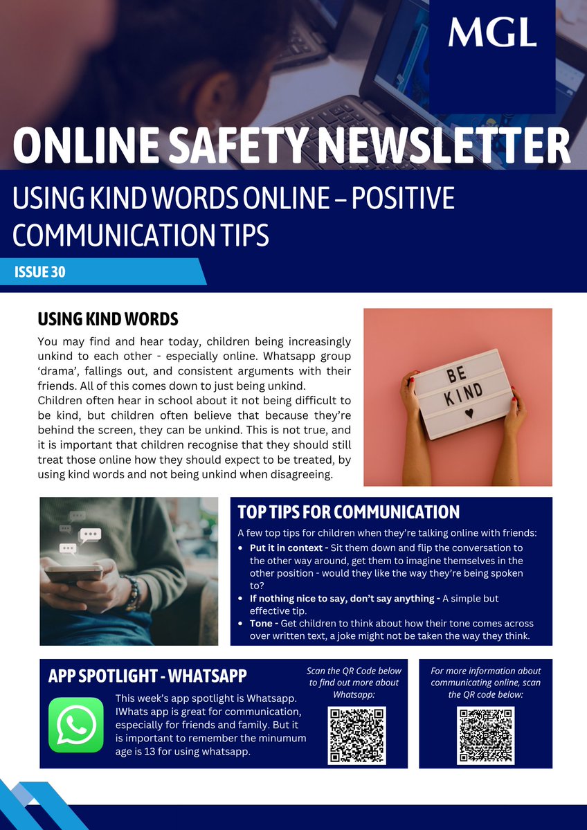MGLWorldNews's tweet photo. 📰 MGL Online Safety Newsletter - Issue 30 📰
Our latest issue focuses on using kind words online and positive communication tips 🖥️🔤
#MGL #EducationNewsletter #OnlineSafety https://t.co/SRqFtX5jc7