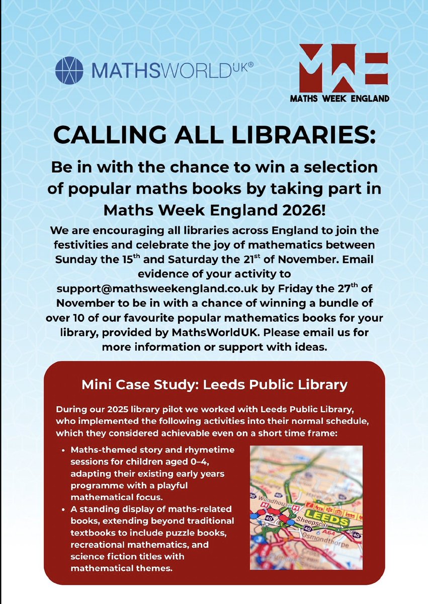 maths_week's tweet photo. Announcing the Maths Week England Library Project!

Do you—or someone you know—work with a library in England? This autumn, MathsWorldUK is offering a prize package of favourite popular maths books. Enter the prize draw: support@mathsweekengland.co.uk
#mathsweekengland https://t.co/mDz5Xdd9IA