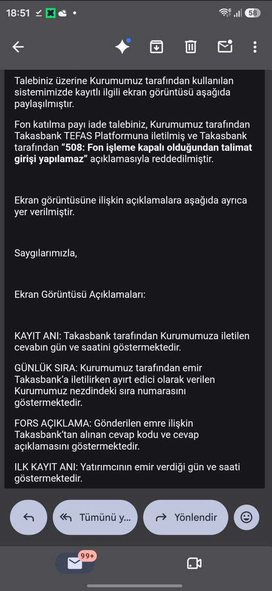 fonunmagdurlari's tweet photo. 🚨SON DAKİKA: TEFAS'IN "508" SKANDALI BELGELENDİ: YASAL OLARAK AÇIK SAATTE FONU ERKEN KAPATIP EMİRLERİ REDDETTİLER!

Osmanlı Yatırımdan gelen resmi sistem kayıtları gerçeği ortaya çıkardı: Yatırımcıların yasal süre içinde verdiği satış emirleri, Takasbank TEFAS tarafından "508: Fon işleme kapalı olduğundan talimat girişi yapılamaz" denilerek reddedilmiş!

Sistemi erkenden kapatıp vatandaşı içeride kilitlediler. Şimdi aracı kurumlar TEFAS'ı suçluyor, TEFAS aracı kurumları suçluyor!

Kanuna göre (SPKn Md. 79): Tasfiye halinde dahi takas talimatları iptal edilemez!

SPK 2026 61 Bültenine göre 17 Eylül 13:30a kadar tasfiye süreci BAŞLAMAMIŞTIR.

Sistemi keyfi olarak kapatıp küçük yatırımcının satış hakkını gasp edenler hesap verecek. Bu emirler kanunen geçerli satıştır!

Biz kendi hakkımızı savunmazsak kimse bizim yerimize savunmaz!  

CİMER, KDK, SPK, Bankalar, TBB, BDDK, e-Dilekçe ve tüm milletvekillerine tek tıkla şikayet gönderebileceğiniz güncel hazır metinler için platformumuzdaki şikayet sihirbazını kullanın:  https://t.co/uynIzCiE0L

#tly #thf #tmv #tp2 #pnu #fsu #doh #dfi #TeraMağduriyetiSonBulsun #fonmağdurları #FonMagdurlari #TefasMagdurlari #SPK #MehmetSimsek #TBMM #CIMER #KDK #DDK #FonMağdurları #TEFAS #Takasbank #Fibabanka #akbank #garanti @55erhanusta @cevdetakaychp @spkgovtr @Takasbank @memetsimsek @RTErdogan