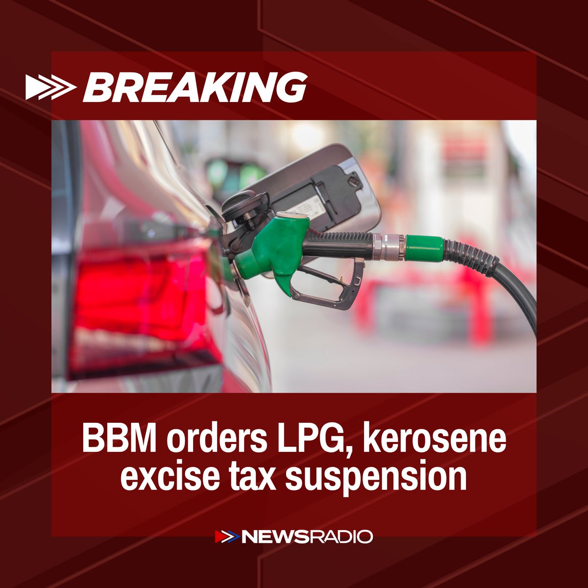 NewsRadioPH's tweet photo. BREAKING: President Ferdinand Marcos Jr. orders the suspension of LPG and kerosene excise taxes. via Christian Zamora | NewsRadio Philippines https://t.co/J6V7cU61R3