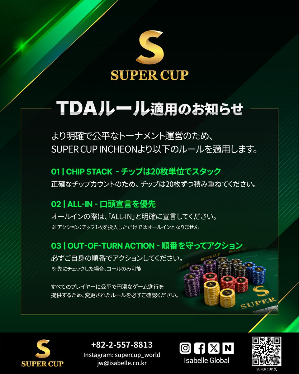 Supercup_world's tweet photo. 🔥 D-13 | SUPER CUP INCHEON

SUPER CUP 仁川大会より適用される
TDAルールの変更点およびITDに関するご案内です。

ご参加予定のプレイヤーの皆様は、大会前に必ず変更内容をご確認ください。

📌 詳細は画像をご確認ください。

📅 2026.10.08 – 10.18
📍 Paradise City, Incheon

#SUPERCUP #SUPERCUPINCHEON #Poker