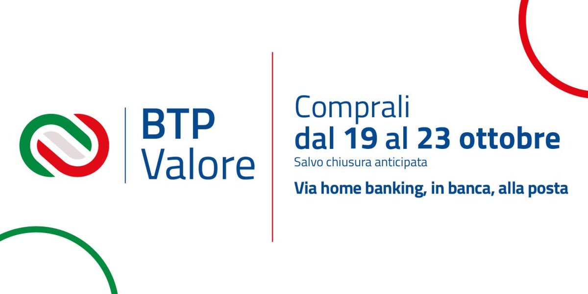 MEF_GOV's tweet photo. BTP VALORE: dal 19 al 23 ottobre per la prima volta collocamento โdoppioโ
Due diversi titoli, entrambi con durata 5 anni ma piano cedolare differenziato: trimestrale o con cedola unica pagata alla scadenza
Per saperne di piรน โคต๏ธ
https://t.co/c6mk4FgTJh
#BTPValore #BTP https://t.co/nL8raosaZ5