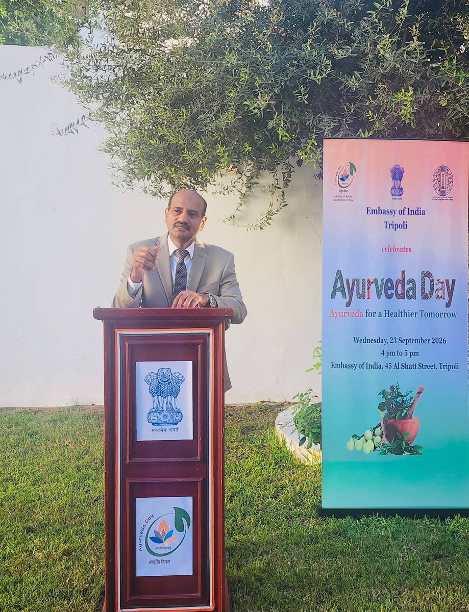 Indiainlibya's tweet photo. Embassy of India, Tripoli organised the  Ayurveda Day Celebration on 23 September 2026 with particiation of Indian and Libyan  doctors, paramedics, academics and  officials. Ambassador Dr. Hifzur Rahman welcomed the guests highlighting the efforts made by @moayush to propagate Ayurveda accross the world. Dr. Ibrahim Ahmad Alsharf, Chairman of the Libyan Medical Authority graced the event as Chief Guest and addressed the gathering. Mr. SANJEEV delivered key note address on the history and utility of Ayurveda in contemporary time. Second Secretary Mr. Sandeep Kumar proposed vote of thanks. @MEAIndia @PMOIndia