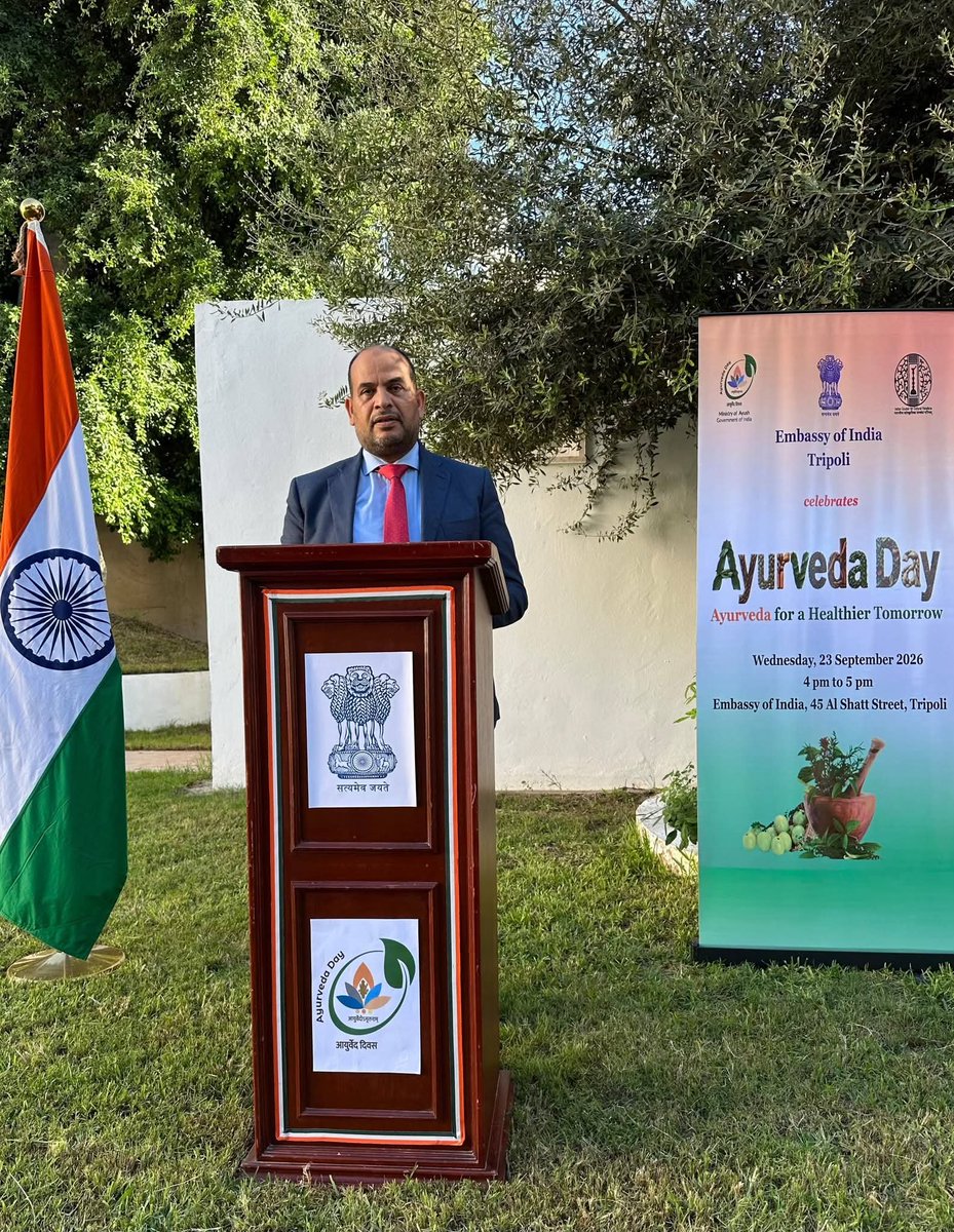 Indiainlibya's tweet photo. Embassy of India, Tripoli organised the  Ayurveda Day Celebration on 23 September 2026 with particiation of Indian and Libyan  doctors, paramedics, academics and  officials. Ambassador Dr. Hifzur Rahman welcomed the guests highlighting the efforts made by @moayush to propagate Ayurveda accross the world. Dr. Ibrahim Ahmad Alsharf, Chairman of the Libyan Medical Authority graced the event as Chief Guest and addressed the gathering. Mr. SANJEEV delivered key note address on the history and utility of Ayurveda in contemporary time. Second Secretary Mr. Sandeep Kumar proposed vote of thanks. @MEAIndia @PMOIndia