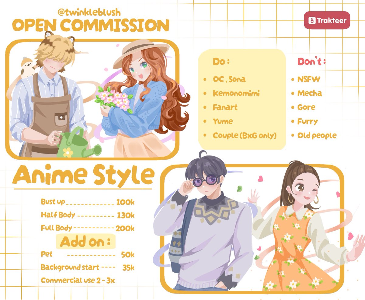 twinkleblush's tweet photo. ✨UPDATE✨ 

Open Commis Anime &amp; Chibi style
(Local only!)

Sample bisa cek di #twinkleblush_result
Antrian dan progress komis bisa cek trello di bio yaa
Yg mau tanya2 boleh dm aja😉✨
(Plis mention after dm)
#opencommission #opencommis https://t.co/5IOaKNBpN3