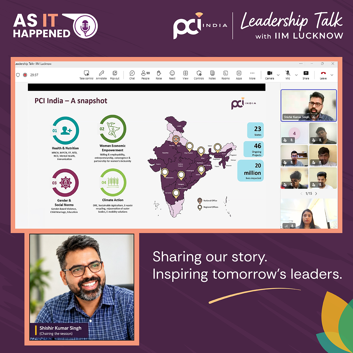 PCI_India_'s tweet photo. Our #LeadershipTalk with 1st-year students at #IIMLucknow, led by Shishir Kumar Singh, Director–Climate &amp; Strategy, PCI India, explored careers in the #DevelopmentSector, our work across gender, health, climate &amp; social norms, &amp; the ethics of AI for social good. #AsItHappened https://t.co/4lAMw0gHwy