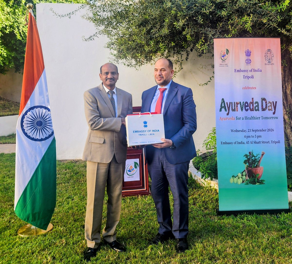 Indiainlibya's tweet photo. Embassy of India, Tripoli organised the  Ayurveda Day Celebration on 23 September 2026 with particiation of Indian and Libyan  doctors, paramedics, academics and  officials. Ambassador Dr. Hifzur Rahman welcomed the guests highlighting the efforts made by @moayush to propagate Ayurveda accross the world. Dr. Ibrahim Ahmad Alsharf, Chairman of the Libyan Medical Authority graced the event as Chief Guest and addressed the gathering. Mr. SANJEEV delivered key note address on the history and utility of Ayurveda in contemporary time. Second Secretary Mr. Sandeep Kumar proposed vote of thanks. @MEAIndia @PMOIndia