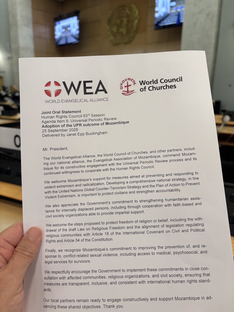 EppBuckingham's tweet photo. #HRC63 #UPR52
I will soon be giving this oral statement at the Human Rights Council on the UPR of Mozambique focusing on combatting #violentextremism and protecting #FoRB. @WEA_UN @WEAnews 🇲🇿 https://t.co/7zJMZhUCOk