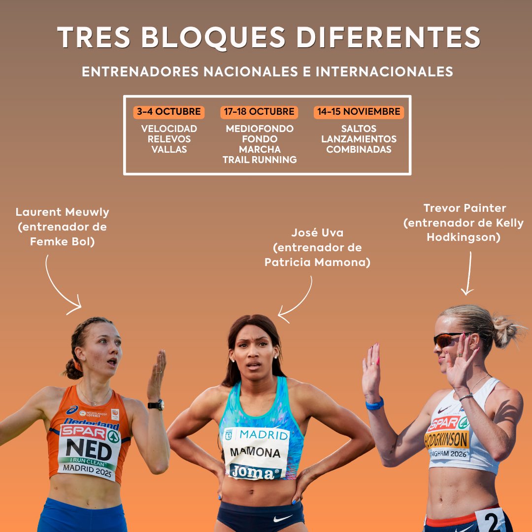 atletismoRFEA's tweet photo. 👉🏽En una semana comienzan las sesiones del Club de Entrenadores 2026

🗓️ Tres fines de semana 
🌍 Entrenadores nacionales e internacionales
💻 Ponencias online GRATIS para todos los entrenadores con licencia nacional RFEA

Reserva tu acceso por 0 € 👇🏽

🔗 https://t.co/umE5NAkrdu https://t.co/18fVjmjV7k