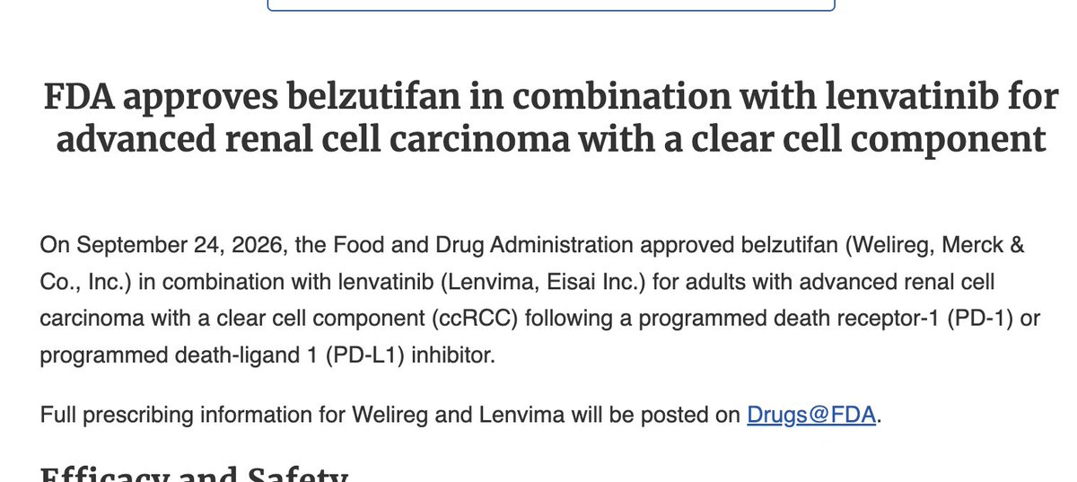 drenriquegrande's tweet photo. ⚡️ FDA approves belzutifan + lenvatinib for advanced ccRCC after PD-1/PD-L1 inhibitor therapy.

Based on LITESPARK-011: median PFS 14.6 vs 10.6 months (HR 0.74) vs cabozantinib. OS not significantly different at final analysis.

#KidneyCancer @OncoAlert 

https://t.co/7UMHxEr1C1