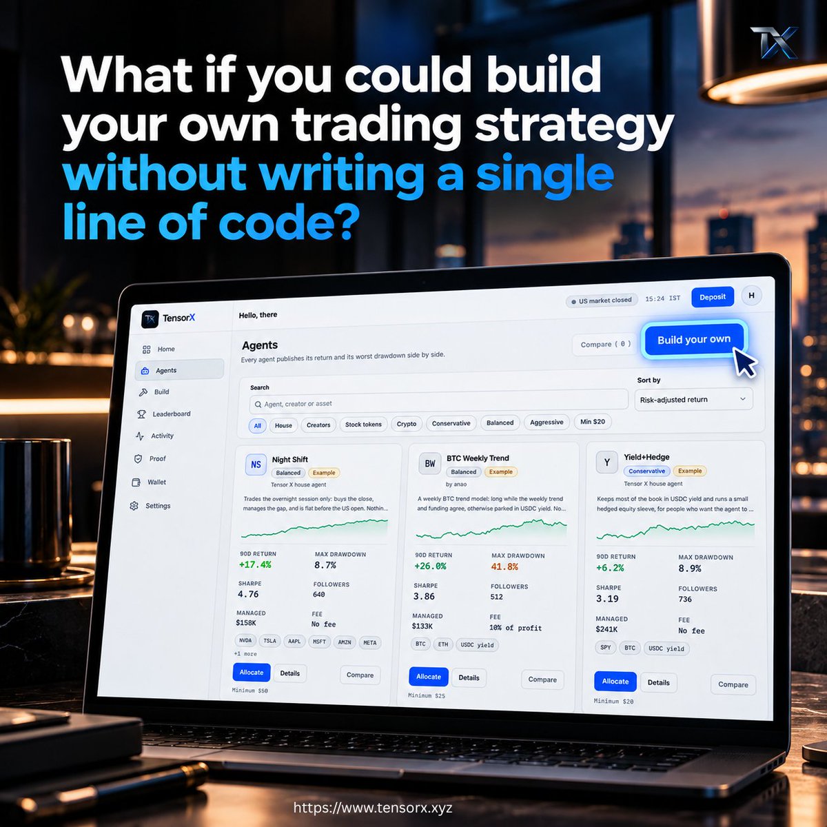 TensorX_Tech's tweet photo. What if you could build your own trading strategy without writing a single line of code?

With Tensor X, you can describe your strategy in plain English.

For example:

“Buy NVDA when it drops 3% during Asia hours.
Take profit at +5%.
Stop at -2%.”

Tensor X turns that idea into a structured strategy that can be backtested, paper traded, and eventually deployed. 

Your idea.

Your rules.

Your agent.