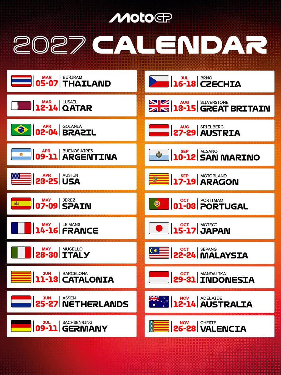 MotoGP's tweet photo. Introducing the 2027 calendar 📆 

Five continents. Two new venues. Welcome to 2027! 🌍

#MotoGP https://t.co/3FkxaFNwso