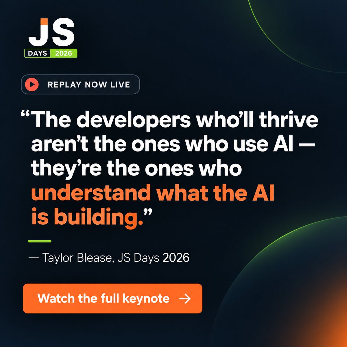 Sencha's tweet photo. Taylor Blease at #JSDays2026:

'The devs who'll thrive aren't the ones who use AI — they're the ones who understand what it's building.'

Full replay (limited time) → https://t.co/Tf1DoCLZWM https://t.co/8vVSjAXkpN