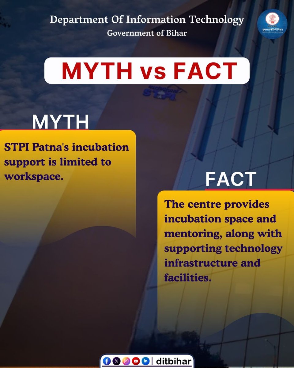 DitBihar's tweet photo. Think STPI Patna incubation is just about getting a workspace? Think again

STPI Patna supports startups beyond physical space, with mentoring, technology infrastructure and essential facilities to help ideas move from concept to growth.

@mishranitish 
@AbhaySinghIAS 
@stpiindia 
@STPI_PATNA 

#STPIPatna #StartupBihar #BiharTech #InnovationInBihar #StartupSupport #Incubation #TechStartups #Entrepreneurship #DigitalBihar #biharit