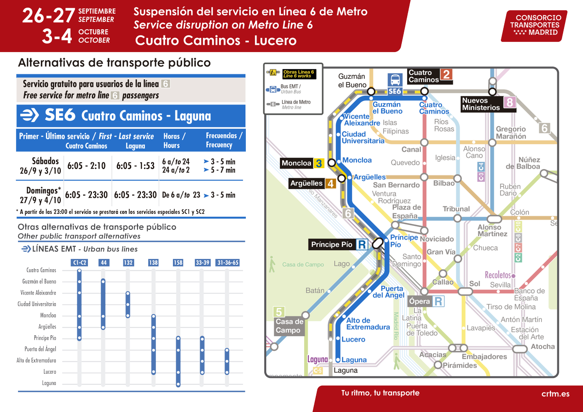 metro_madrid's tweet photo. 🚧 RECUERDA: El sábado 26 y el domingo 27 de septiembre permanecerá interrumpido el servicio en L6 entre Cuatro Caminos y Lucero, pasando por Moncloa, por la realización de pruebas de seguridad para la futura automatización de la Línea 6.

🚌 Un servicio sustitutivo gratuito de autobuses realizará el recorrido en superficie.

ℹ️ Toda la info: https://t.co/25yVWaxFFi

#TrabajamosParaTi #ObrasL6