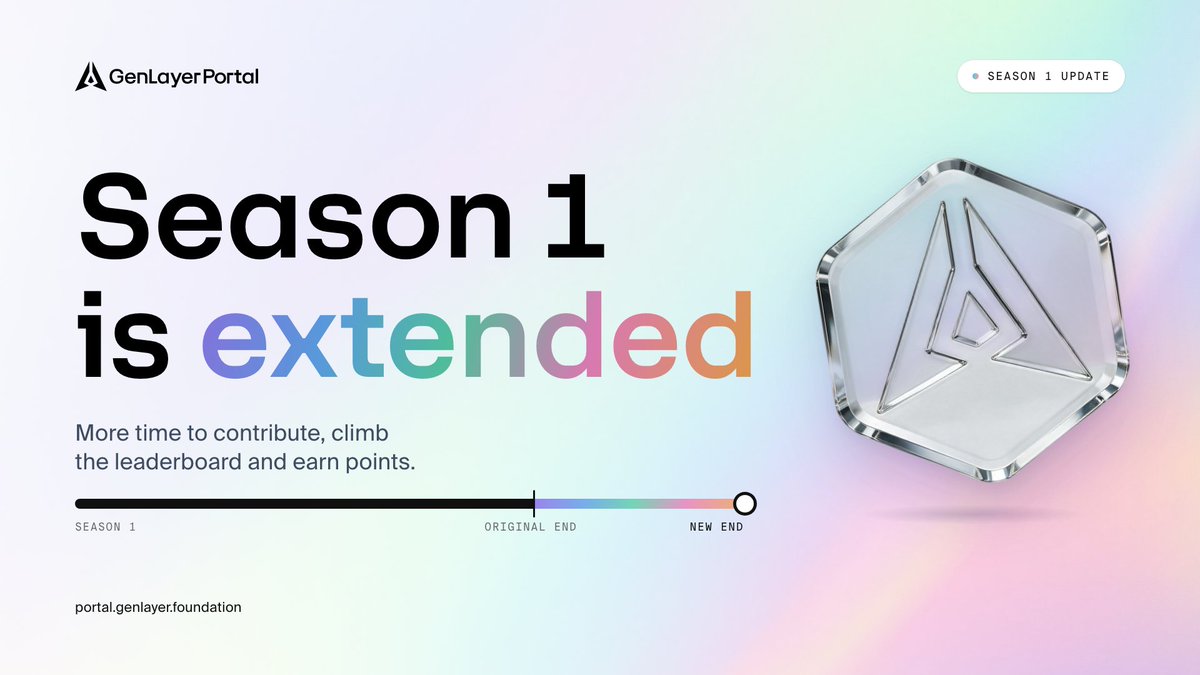 GenLayer's tweet photo. Season 1 just got bigger.

More time. More missions. More chance to claim your spot.

Big news on the way. Get ready for THE DAY. https://t.co/TMuwmHggQH