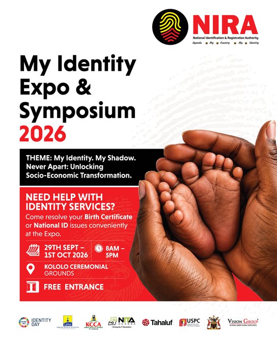 A promotional poster for NIRA's "My Identity Expo & Symposium 2026" held from 29th September to 1st October 2026 at Kololo Ceremonial Grounds, featuring the theme "My Identity. My Shadow. Never Apart: Unlocking Socio-Economic Transformation" and offering free entrance for resolving National ID and birth certificate issues. The poster includes an image of cupped hands alongside sponsor logos including NITA-U, Tahalouf, USPC, and the Identity Day emblem.