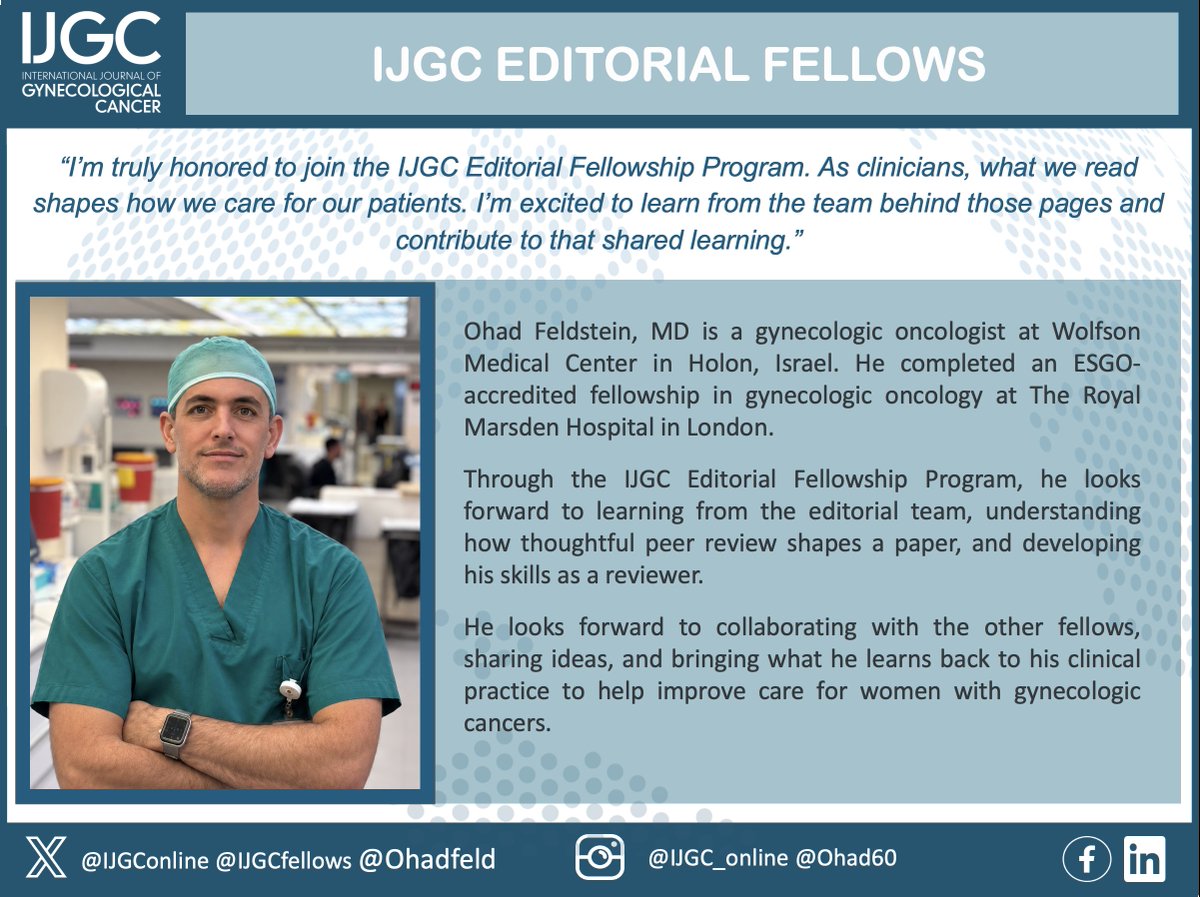 IJGConline's tweet photo. We’re pleased to introduce Ohad Feldstein @ohadfeld, an IJGC #EditorialFellow and gynecologic oncologist at Wolfson Medical Center in Holon, Israel. 🇮🇱

Welcome, Ohad—we’re delighted to have you with us!🤩 

@pedroramirezMD @RParejaGineOnco @HsuMd @JayrajAarthi @AndreFernandes2 @IGCSociety @ESGO_society @ENYGO_official @OncoAlert @IJGCfellows @GynMe4 @Suvidyasingh20