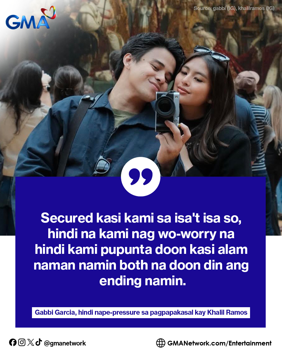 gmanetwork's tweet photo. "NO PRESSURE" 💍

Sa isang showbiz report, inilahad ni #KhalilRamos na kahit marami ang nagtatanong kung kailan sila magpapakasal ng girlfriend na si #GabbiGarcia ay hindi sila nape-pressure tungkol dito.

Sabi ng Sparkle actor, "We're taking it on our own pace. No pressure, ayaw naming magpa-pressure sa iba..."

Basahin DITO: https://t.co/3mUe2BpbQ2