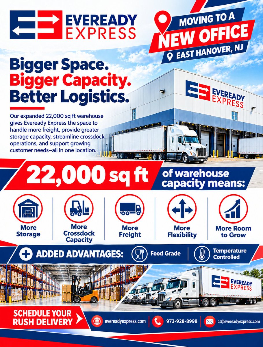 EvereadyExpress's tweet photo. 🚚 22,000 sq. ft. of expanded warehouse capacity in East Hanover, NJ! Eveready Express offers storage, cross-docking, freight, and logistics solutions for businesses across NJ, NY &amp; PA. 📦 #NJLogistics #Warehousing #Logistics https://t.co/Y59Y6xKvLP