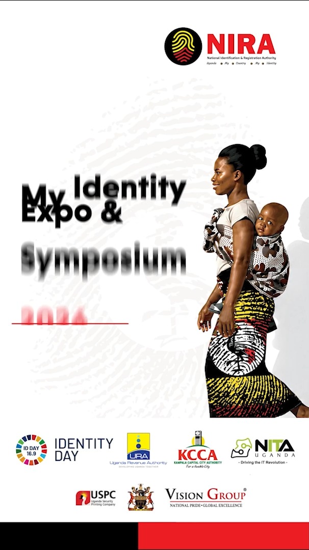 The image is a promotional poster for the "My Identity Expo & Symposium 2026," hosted by NIRA (National Identification & Registration Authority), featuring a woman carrying a baby on her back with a faded fingerprint background and logos of partners including ID Day 16.9, Identity Day, URA, KCCA, NITA Uganda, USPC, and Vision Group. It directly supports the post's message by advertising the September 29 event as an opportunity for families to register for National IDs and learn about child registration requirements.