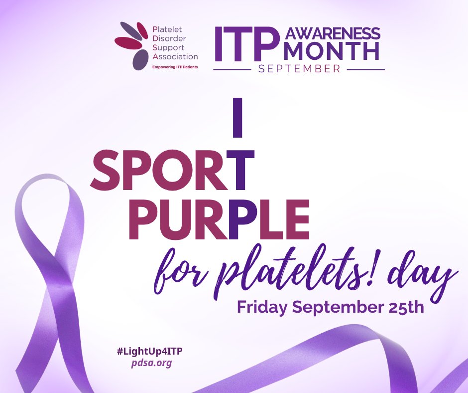 PDSA_ITP's tweet photo. 💜 Today is I Sport Purple for Platelets! Day 💜

The global ITP community is coming together to raise awareness for ITP. Be sure to wear purple, snap a photo, and share it to help make ITP more visible. #ITPAwarenessMonth #Purple4Platelets #LightUp4ITP #Global4ITP https://t.co/3R23mMoZbC