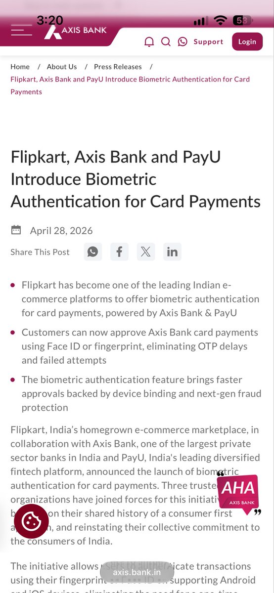 Athulcs02's tweet photo. If Axis Bank + Flipkart can bring OTP-free card payments using biometrics to India, imagine what Apple Pay could do. 👀🍎

If Apple pay brings the same experience, it could change online card payments completely.

No OTP. Just biometrics. 🔐
@callmeshazzam #applepay #apple https://t.co/eJaJ9qd2yS