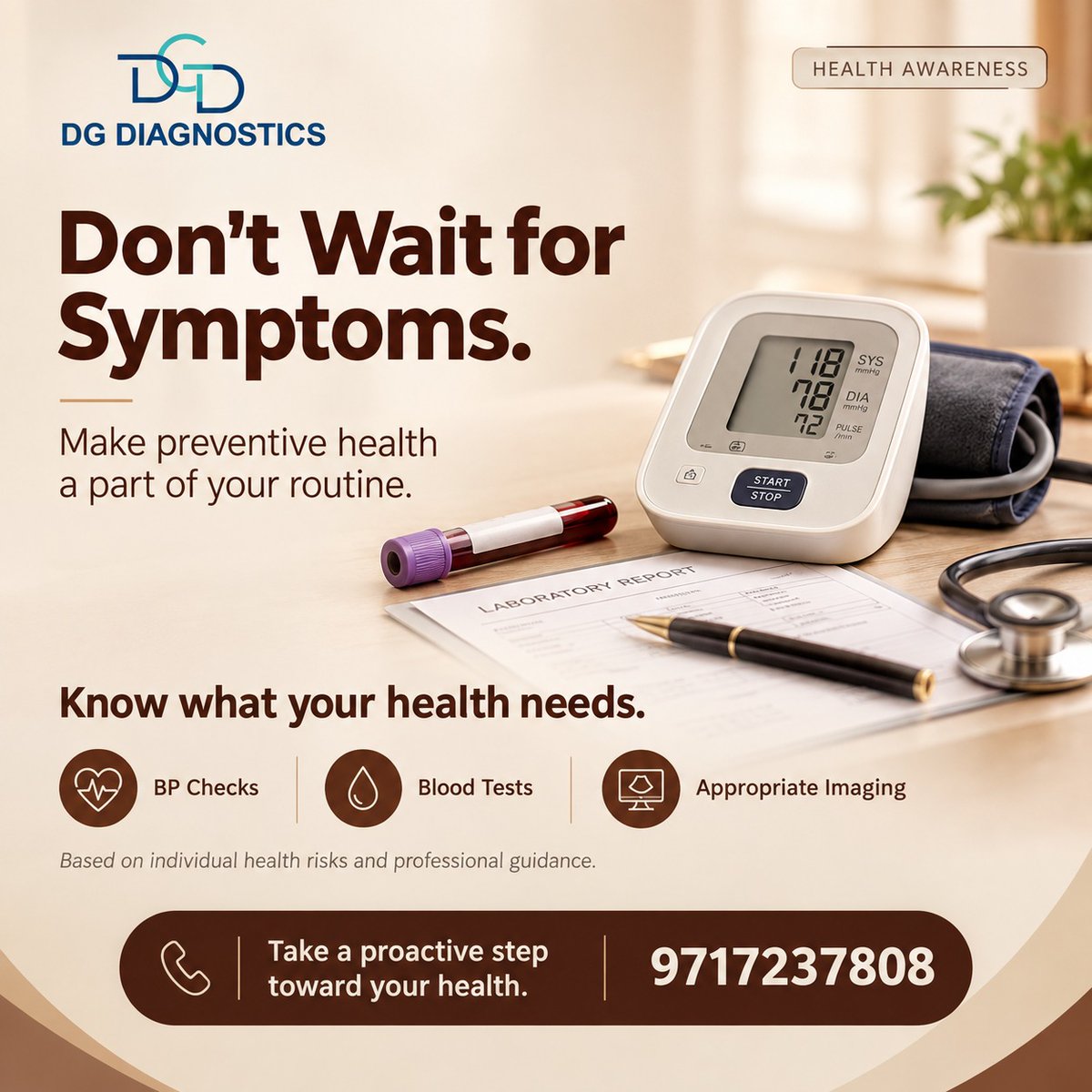 dgdiagnostics's tweet photo. Your #healthdeserves attention beyond #symptoms.
#Riskbasedpreventive care may include #bloodpressurechecks, #bloodtests and #appropriateimaging when advised.
#Stayinformed. Take care of your health.
#PreventiveHealthcare #HealthAwareness https://t.co/RRI10EYuPp