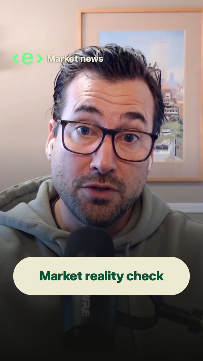 A man with glasses and a green hoodie speaks into a Shure microphone, with "Market reality check" and the "<e> Market news" logo displayed as overlays. The image supports the post by visually representing Bret Kenwell's market commentary episode covering Meta, interest rates, consumer stocks, and AI.