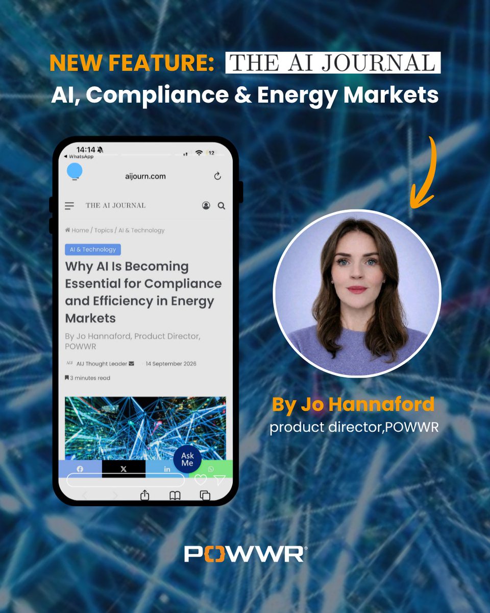 PowwrSoftware's tweet photo. POWWR’s Product Director Jo Hannaford has been featured in @theAIJournal1 , exploring why AI is becoming essential for compliance and efficiency in energy markets⚡🤖

Read the full feature 👇
https://t.co/723LEXal05

#POWWR #AI #EnergyTech #EnergyIndustry https://t.co/Sk8mtp4sya