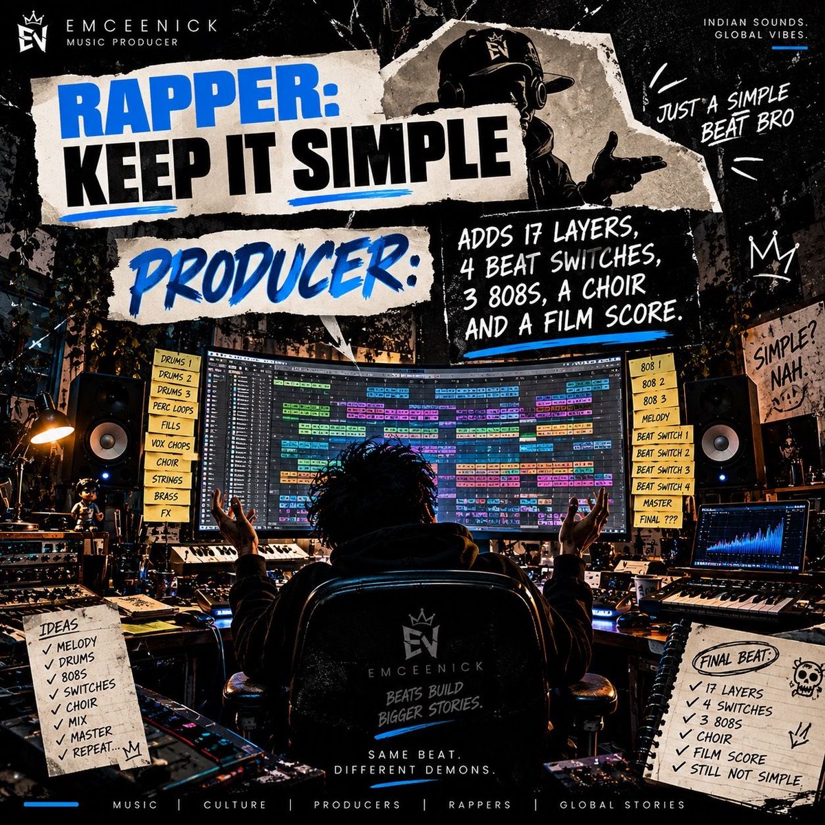 prod_emceenick's tweet photo. Meanwhile the producer: 17 layers, 4 beat switches, 3 different 808s, a choir, and somehow a film score. 💀

The best beats sound simple because the work isn't.

#FLStudio #MusicProducer #BeatMaker #Emceenick #ProducerLife https://t.co/mbfug18pfz
