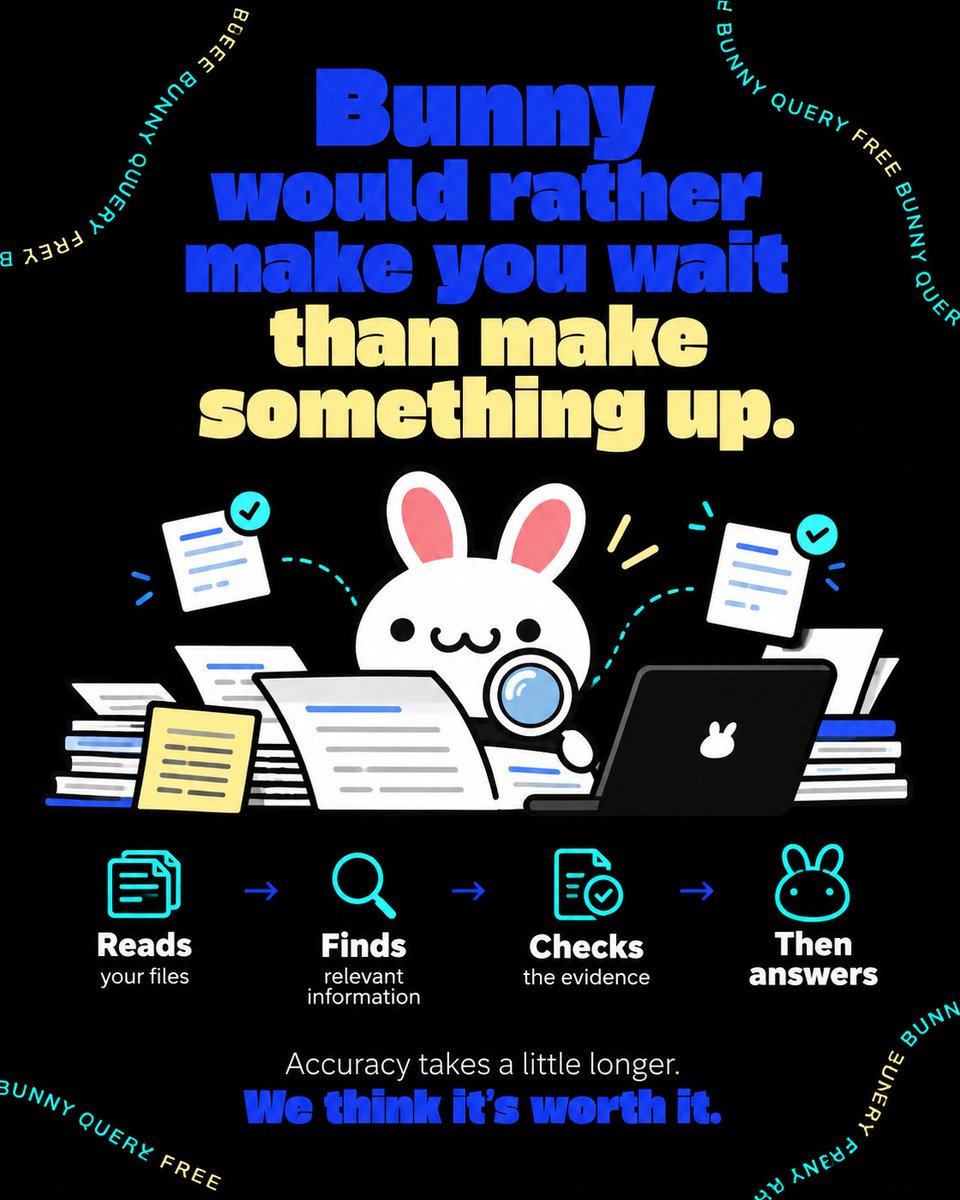 Skapi_api's tweet photo. If you need an answer you’re willing to put your name on, ask BunnyQuery AI.
It doesn’t grab the first relevant info. It reads your files, finds the right info, checks the evidence, and only then gives you an answer.
#DataAccuracy #AIAssistant #BunnyQuery #AI https://t.co/zdDrRexBdE