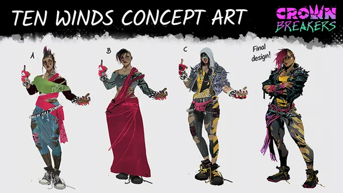 Ten Winds 3 early concepts: the first one shows her with a mowhawk and jean, the second one with short hair and a punk version of a sari, and the third version is portrayed with a hood and ripped jeans. The final design of Ten with pink hair and a leather jacket is on the far right of the asset.