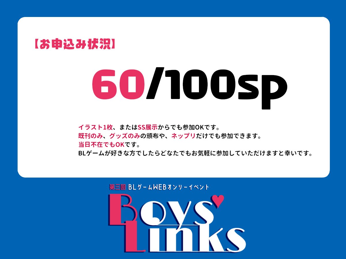 Bl_link_only's tweet photo. 現在のお申込み状況です。
お申込みありがとうございます！
締切日は11月15日(日)です。
締切日まででしたらジャンル変更も可能です。
BLゲームが好き、興味がある、制作して���る方などお気軽にご参加ください。  

お申込みはこちらから▶https://t.co/56lakrIl9E
#ボイリン2612 https://t.co/zhbBXPafLW