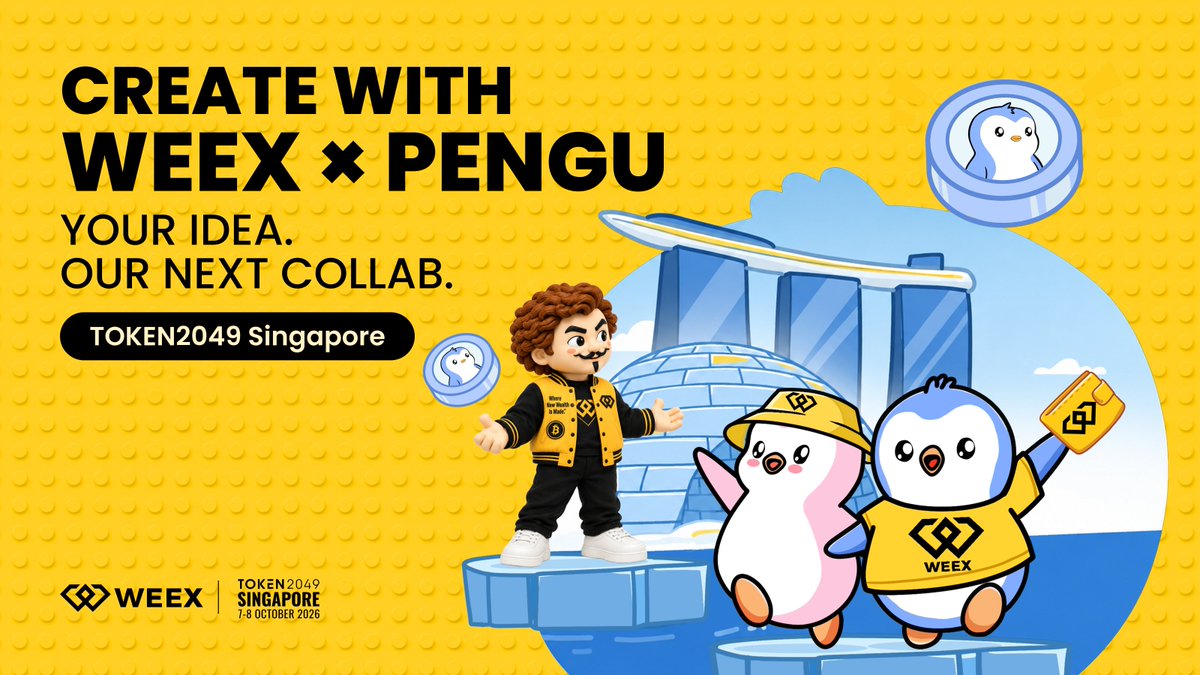 WEEX_Official's tweet photo. 🐧 WEEX × PENGU ARE HEADING TO TOKEN2049!
And we want YOU to help create the next chapter. 👀

WEEX and Pudgy Penguins @pudgypenguins  are teaming up for TOKEN2049 Singapore — now it's your turn to imagine what our collab could look like!
🎨 ACTIVITY 1 — CREATE WITH WEEX × PENGU
Show us your creativity! You can:
🎨 Design a WEEX × PENGU outfit
😂 Create a WEEX × PENGU meme
🤖 Make an AI masterpiece
🌏 Imagine our WEEX × PENGU TOKEN2049 adventure

How to join:
1️⃣ Follow @WEEX_Official  
2️⃣ Join our Telegram community:https://t.co/pBZ7E8f036
3️⃣ Create your WEEX × PENGU × TOKEN2049 content
4️⃣ Post it on X & tag @WEEX_Official 
5️⃣ Use #WEEXxPENGU #TOKEN2049
6️⃣ Submit your entry:https://t.co/Q0VZb07uzh

🏆 5 winners will be randomly selected to receive WEEX or PENGU merch.

📍 Winners can collect their prizes at the WEEX Booth during TOKEN2049 Singapore.
Can't make it to Singapore? A $10 alternative reward will be provided.

👀 ACTIVITY 2 — WHO SHOULD WEEX COLLAB WITH NEXT?
After WEEX × PENGU, which IP should WEEX team up with next?
Drop your idea in the comments and tell us which IP you'd love to see in a future WEEX merch or community event. 👇

🎁 5 community picks will each receive $10.
To enter, submit your comment through the same official form.
Let's build the next WEEX collab together. 🐧
👉 Submit your entry:https://t.co/Q0VZb07uzh