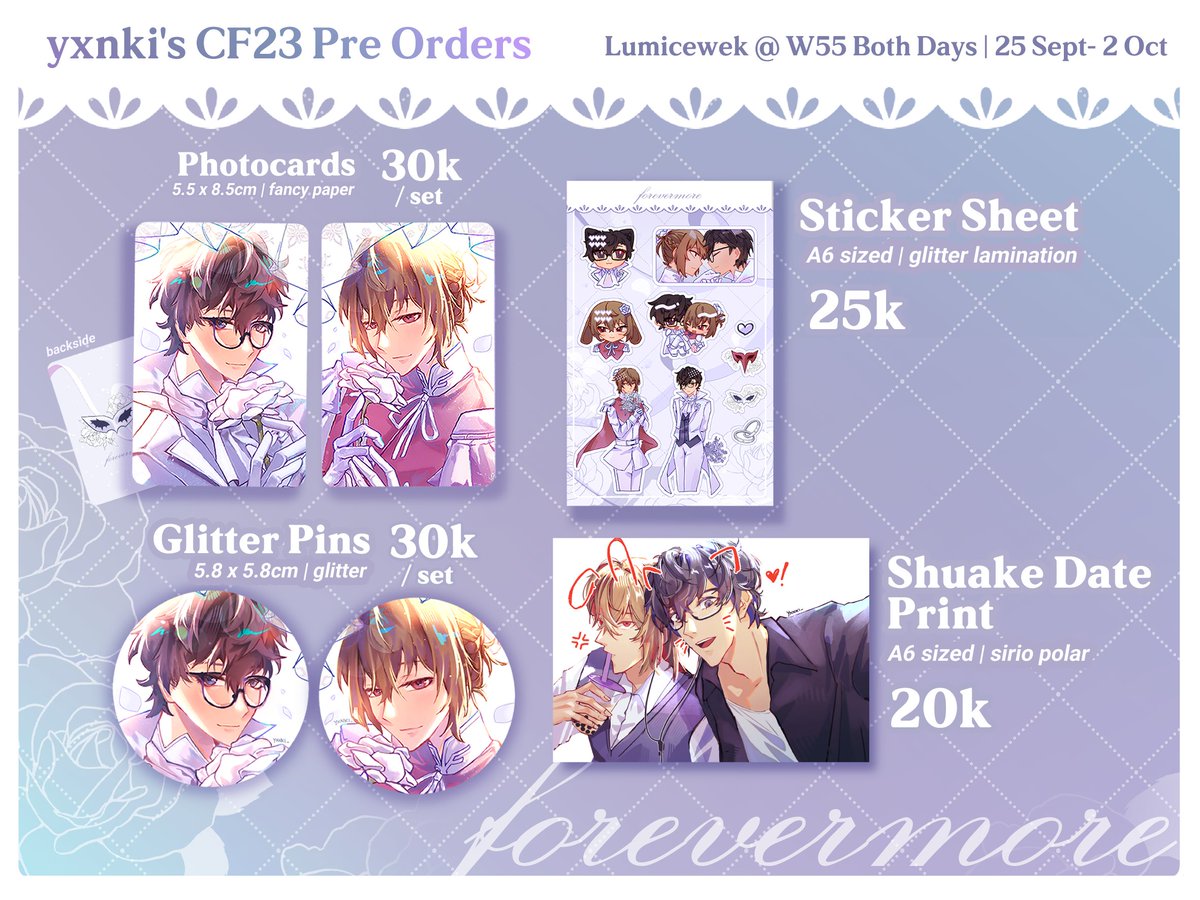 yxnki_'s tweet photo. [🖤🔃 appreciated!]

⛧°༺♱༻⋆ yxnki's #CF23 PO Batch 2 is open!

🗓️ 25 Sept - 2 Oct
🛒 Lumicewek @ W55 Both Days
📦 OTS Pickup ONLY
⭐ Persona 5 (Shuake), All Wishes Come True (Binquan)

🔗 in thread!
 #comifuro23 #cf23catalogue https://t.co/QklThsKMha