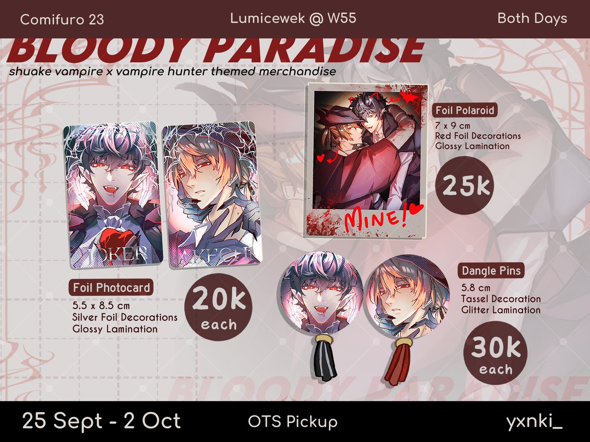 yxnki_'s tweet photo. [🖤🔃 appreciated!]

⛧°༺♱༻⋆ yxnki's #CF23 PO Batch 2 is open!

🗓️ 25 Sept - 2 Oct
🛒 Lumicewek @ W55 Both Days
📦 OTS Pickup ONLY
⭐ Persona 5 (Shuake), All Wishes Come True (Binquan)

🔗 in thread!
 #comifuro23 #cf23catalogue https://t.co/QklThsKMha