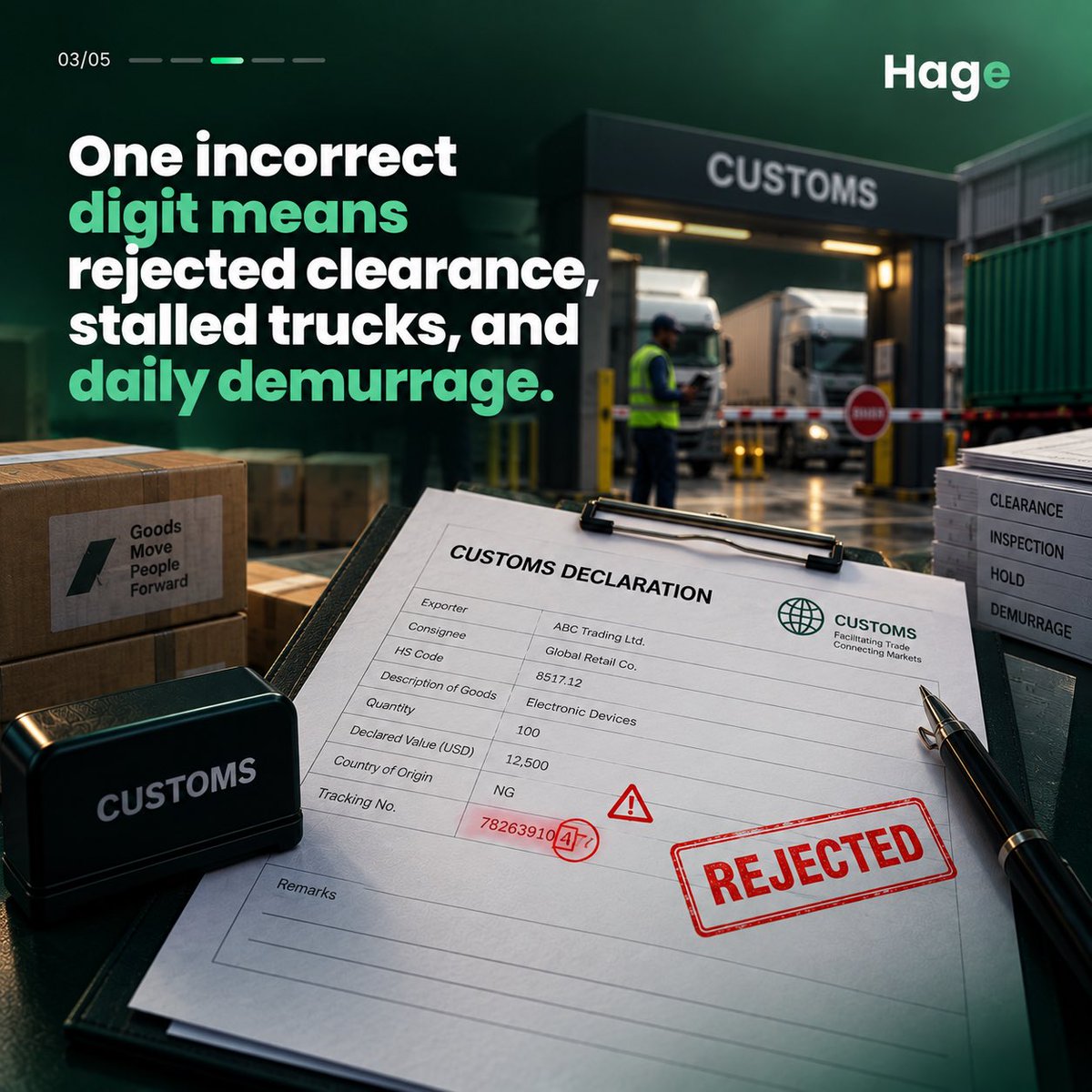 tryhagetoday's tweet photo. A piece of paper shouldn't have the power to stop a multi-ton truck.

Digitize your cross-border documentation with Hage and clear your cargo with confidence.

Visit https://t.co/lXNSC04vvL to sign up for our first free LSP onboarding today https://t.co/zuJ6fIVPTh
